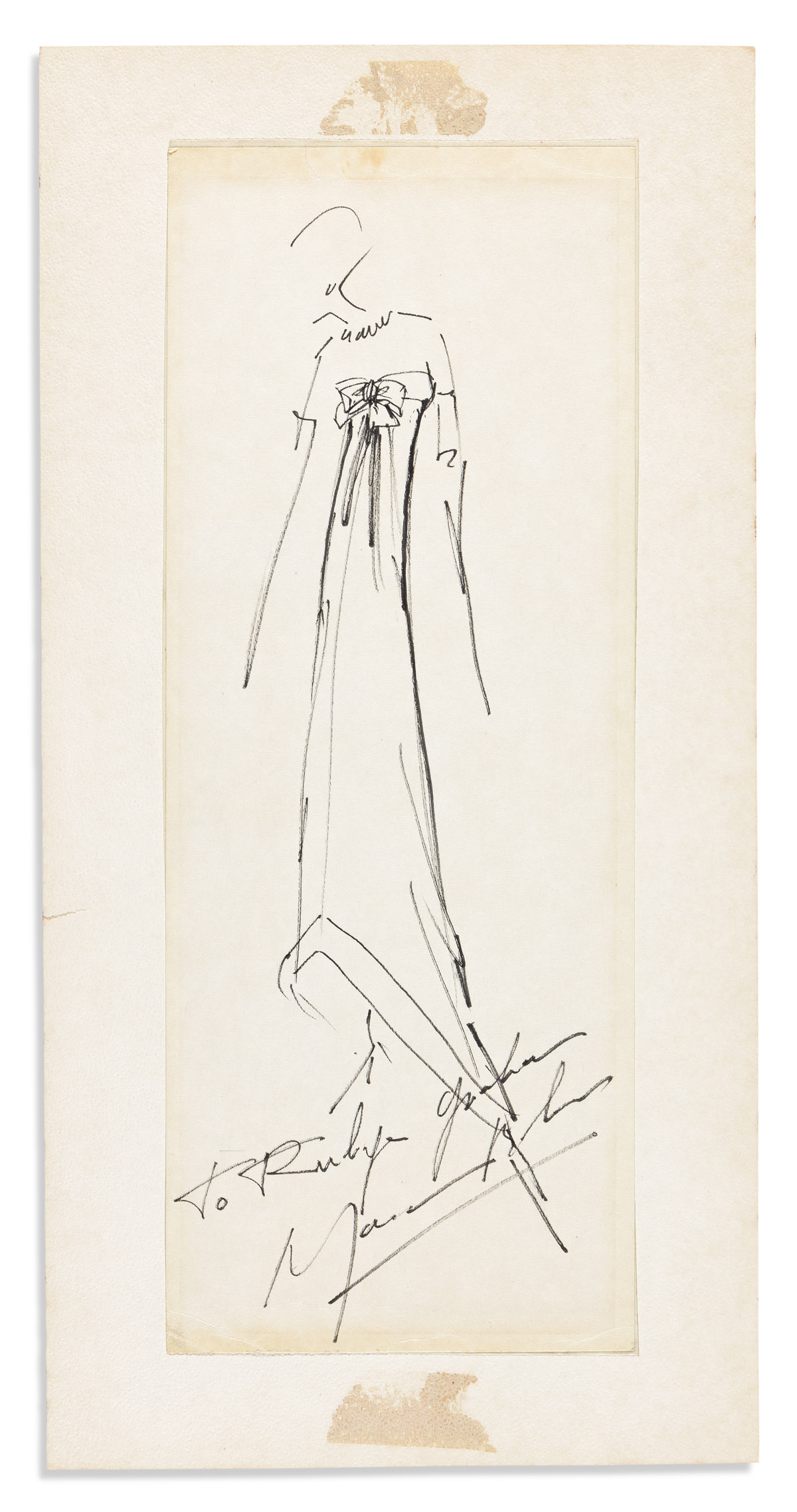 (FASHION.) BOHAN, MARC. Ink drawing, Signed and Inscribed, To Rubye Graham, sketched design for a gown.